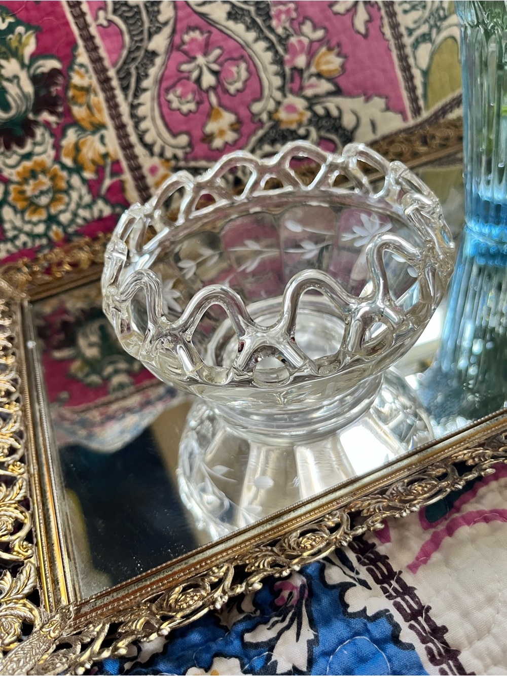 Vintage Imperial Glass Crochet Rim and Floral Etching - Decorative Bowl